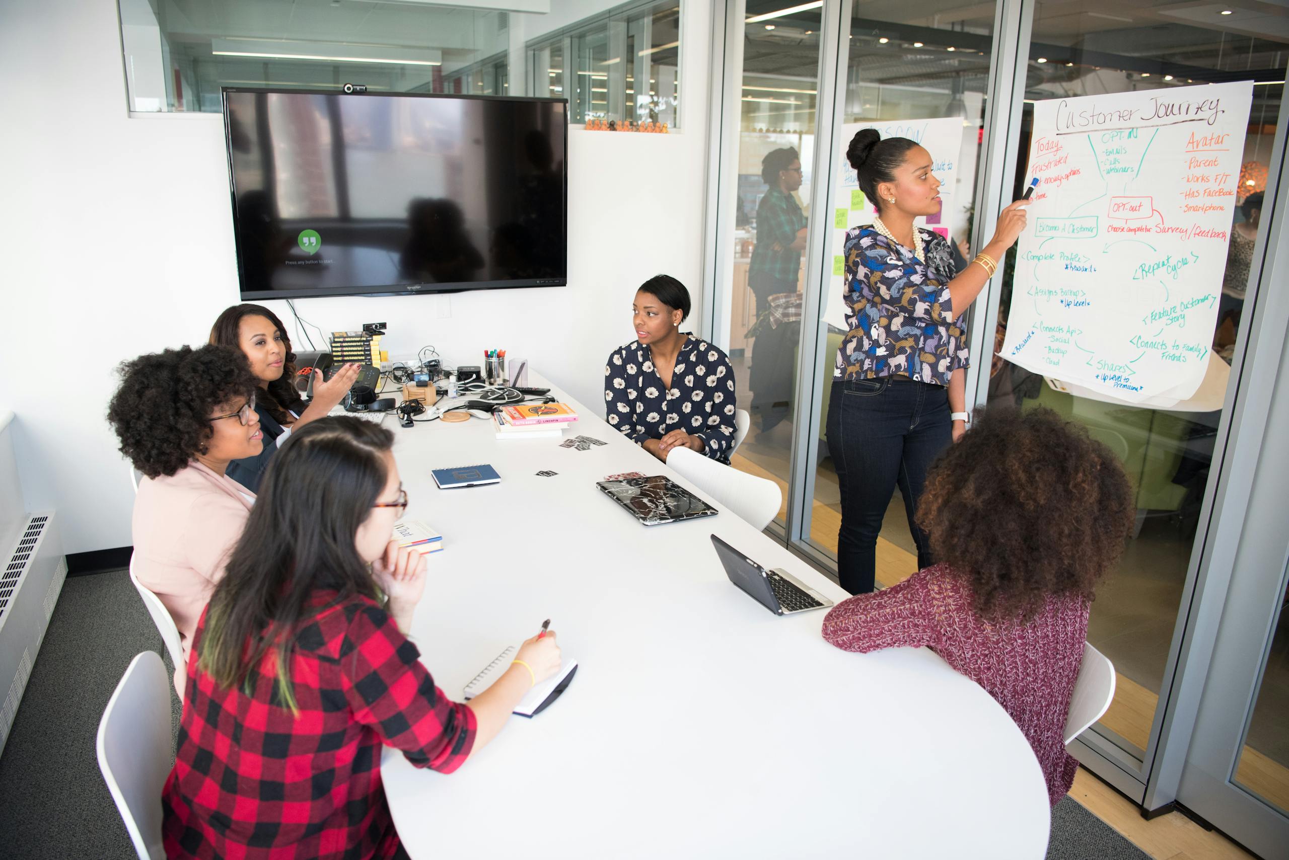 Team brainstorming session with diverse professionals contributing ideas around a conference table