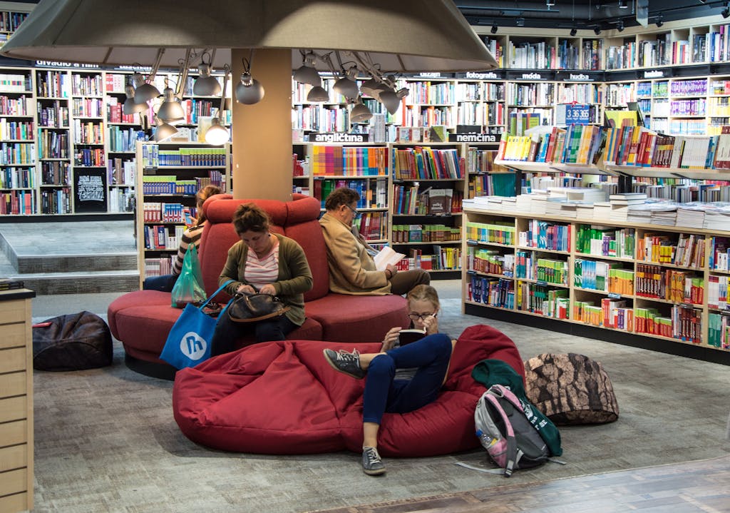 Understanding what is an introvert: a welcoming library space with people reading on comfortable seating