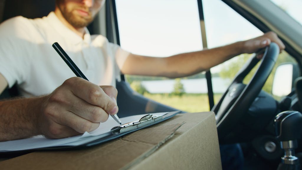 Close-up of a delivery driver inside a van writing on a clipboard. Logistics and service work concept.