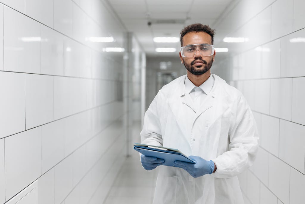 Portrait of a scientist in a laboratory hallway wearing protective goggles and gloves.