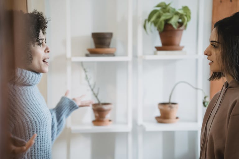 Side view of African American female yelling at woman while looking at each other during conflict in room with green plants