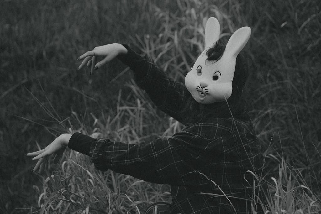A mysterious figure wearing a rabbit mask poses in tall grass, creating an eerie atmosphere.