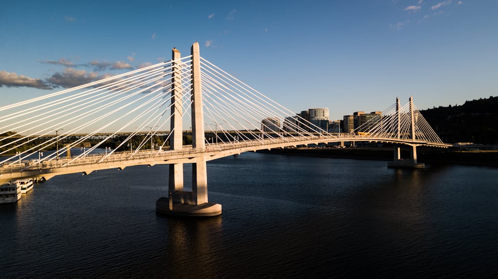 Scenic view of Tilikum Crossing over the Willamette River in Portland, Oregon at sunset.
