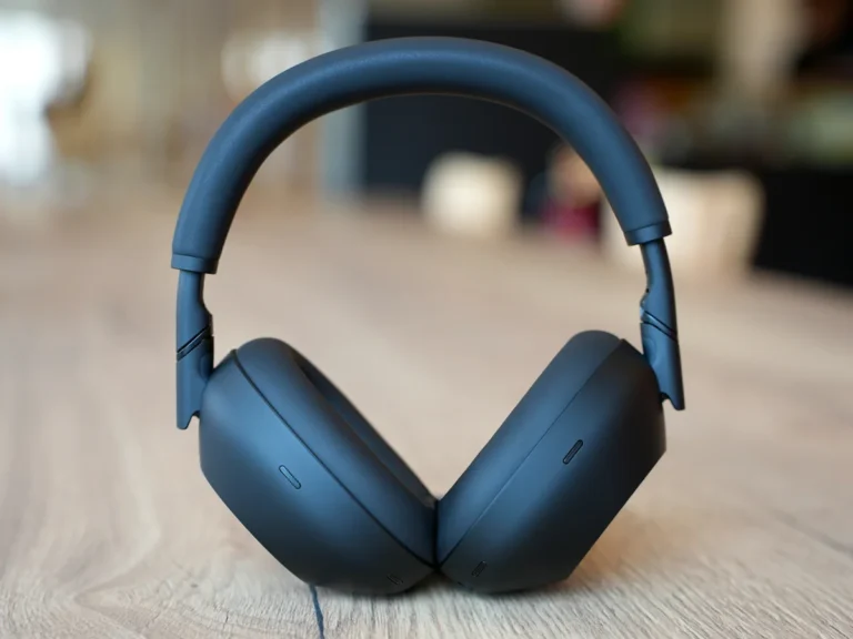 Blue noise-canceling headphones on wooden surface, symbolizing quiet focus and solitude