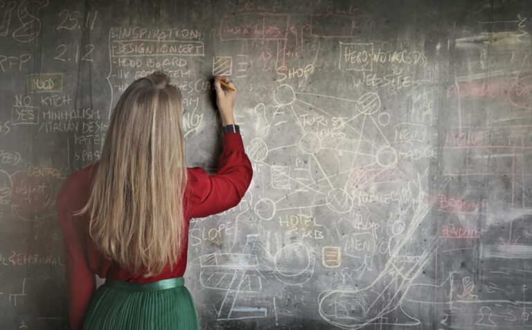 Woman writing and planning on chalkboard showcasing creative strategies and concepts.