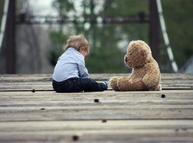 Adorable toddler sitting with teddy bear on wooden bridge enjoying peaceful moment outdoors