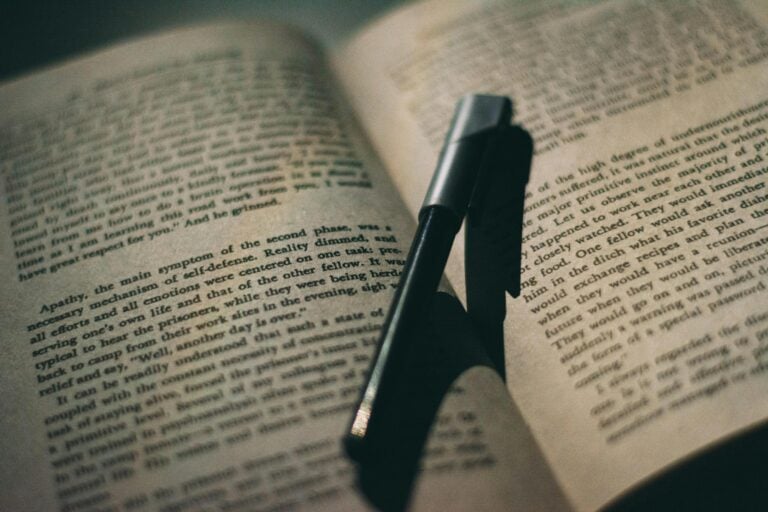 Ballpoint pen resting between pages of an open book.