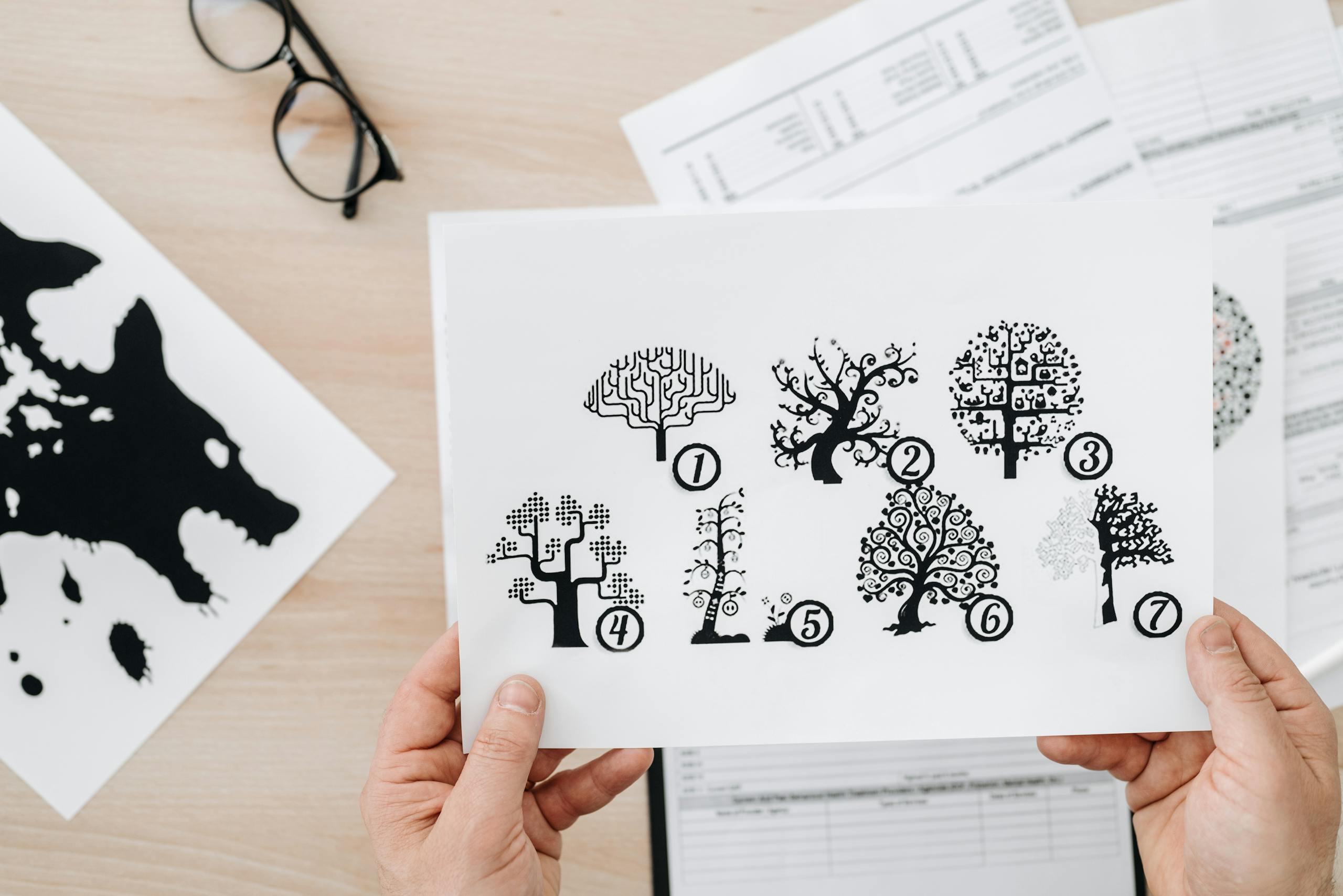 Close-up of hands holding paper with tree test psychological assessment illustration.