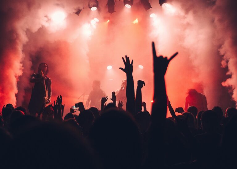 Silhouetted crowd with raised hands at energetic red-lit concert venue