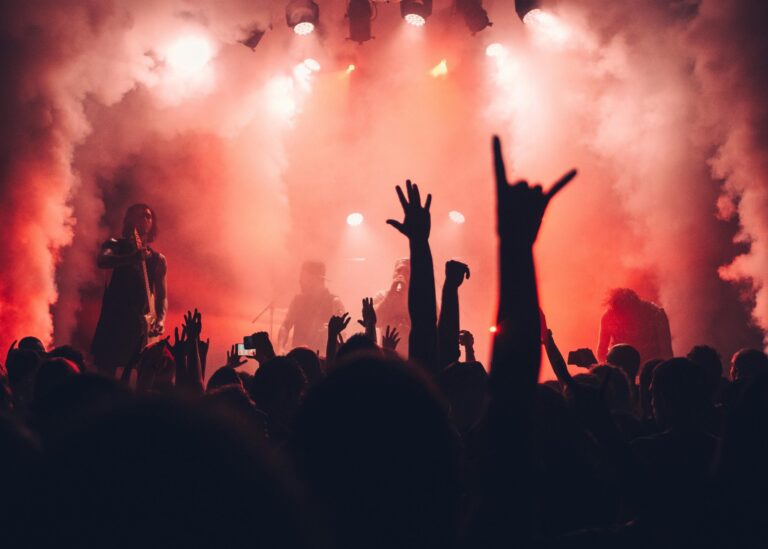 Silhouetted crowd with raised hands at energetic red-lit concert venue