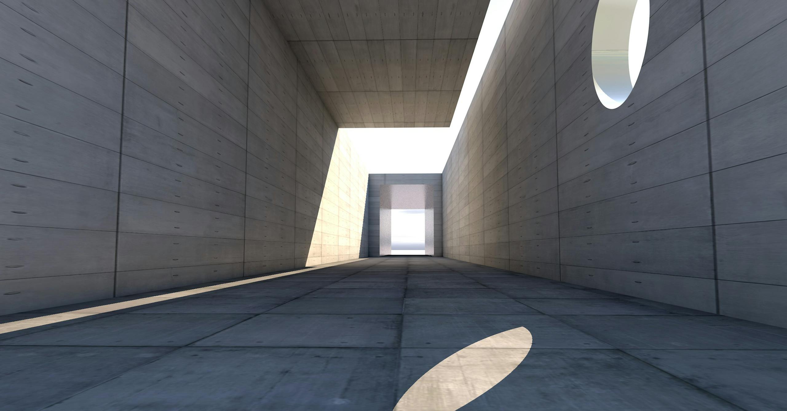 Concrete passage showcasing modern architecture with dramatic light and shadow.