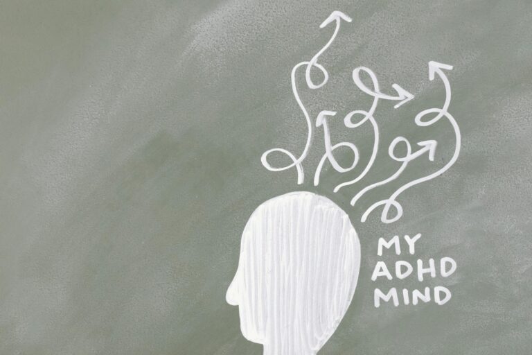 Creative chalkboard illustration of ADHD mind with scattered arrows and chaotic directions