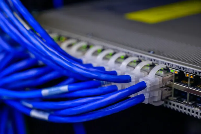 Blue ethernet cables connected to network switch in data center closeup.