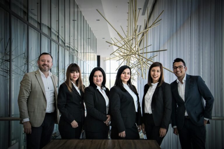 Diverse business team in formal attire posed in modern office