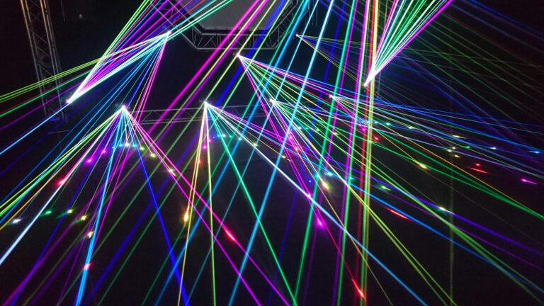 Dynamic multicolor laser beams creating an electrifying nighttime laser show display.