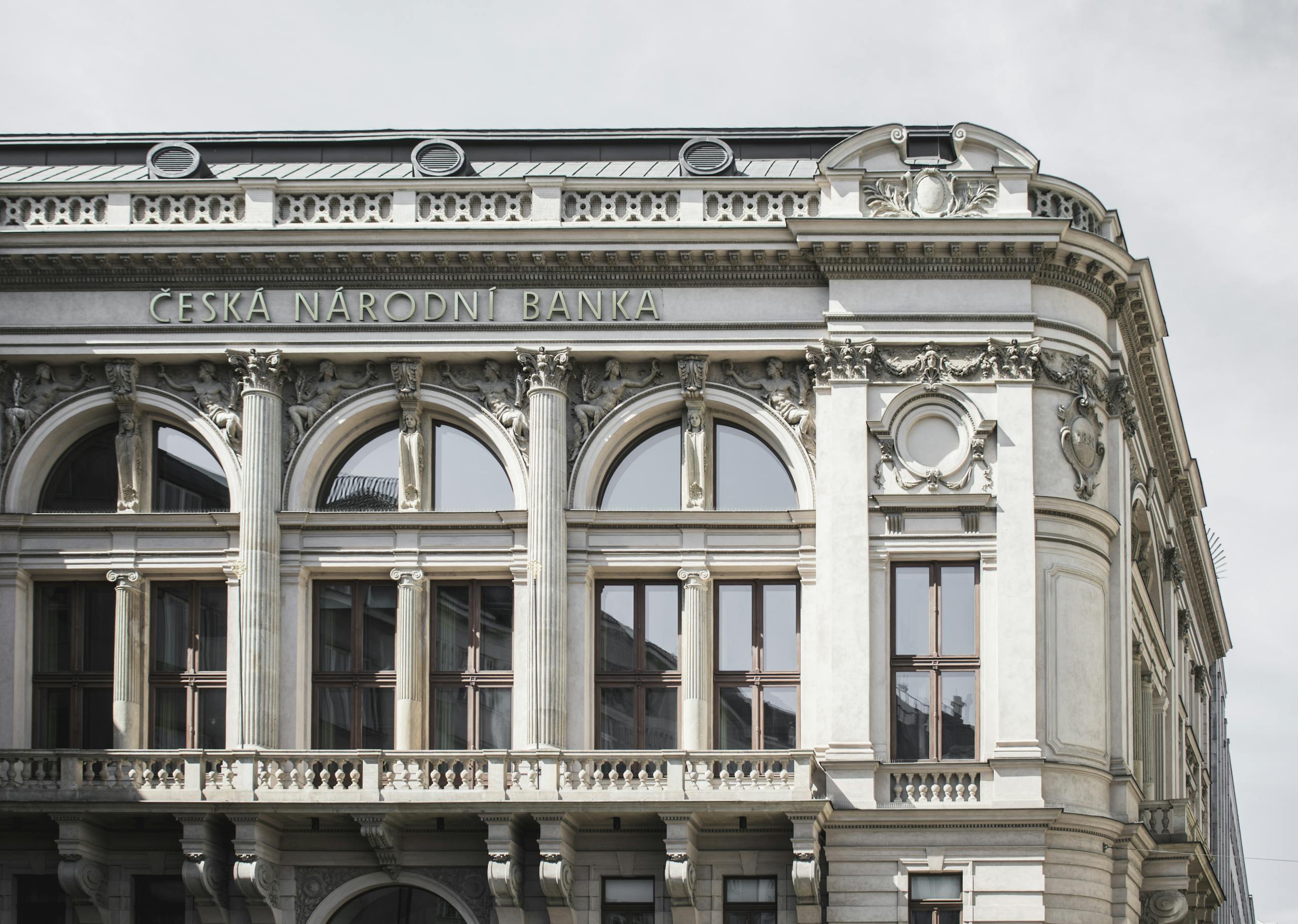 Grand historic bank building with classical architecture in Prague