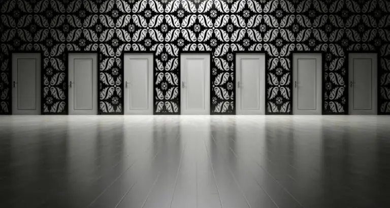 Five closed doors in black and white ornate hallway symbolizing decisions.