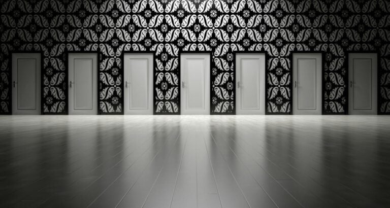 Five closed doors in black and white ornate hallway symbolizing decisions.