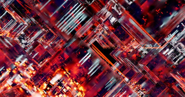 Futuristic abstract digital circuit image with glowing lights and technology