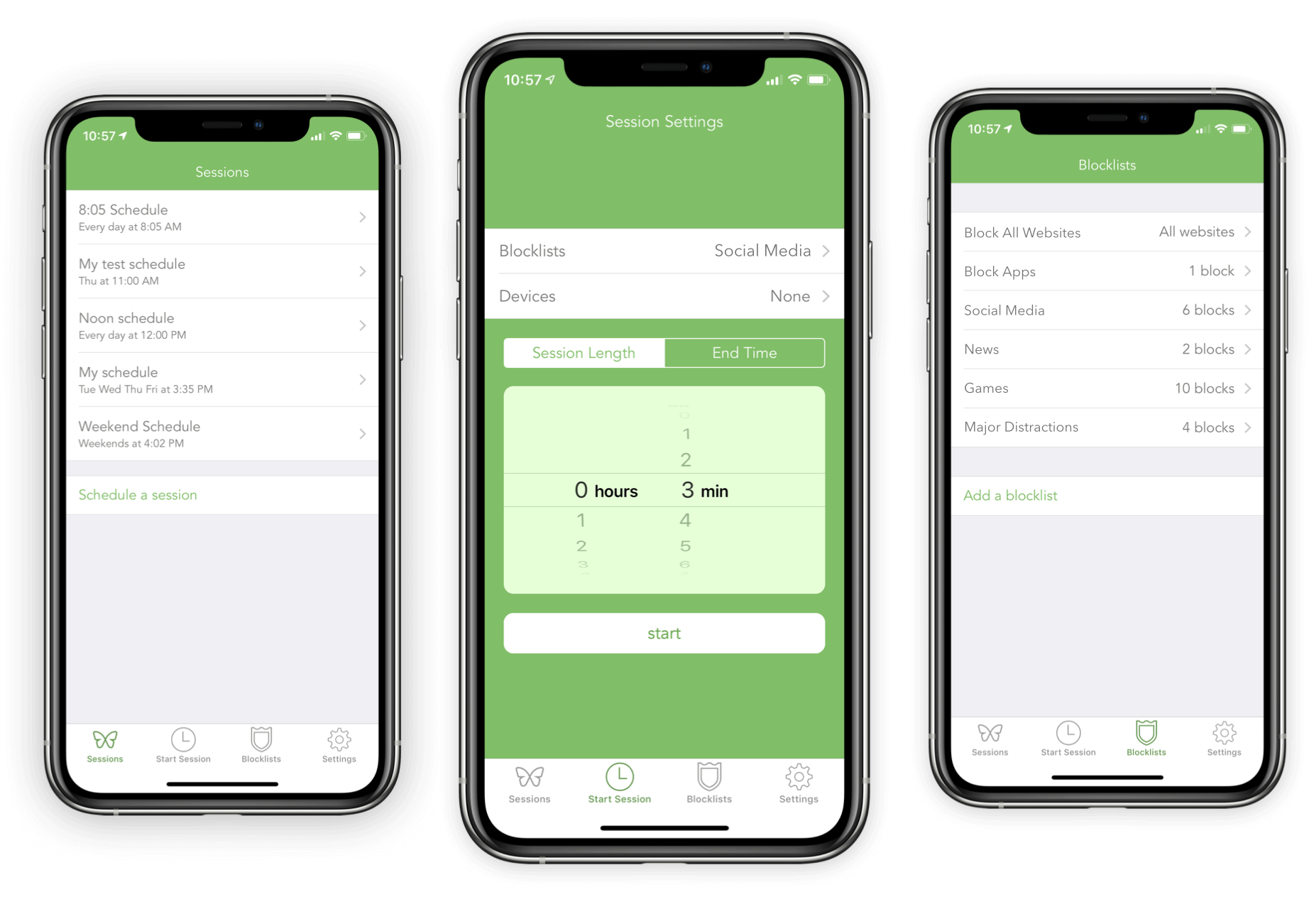Mobile app interface for managing focus sessions and website blocklists to minimize distractions