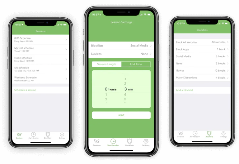 Mobile app interface for managing focus sessions and website blocklists to minimize distractions