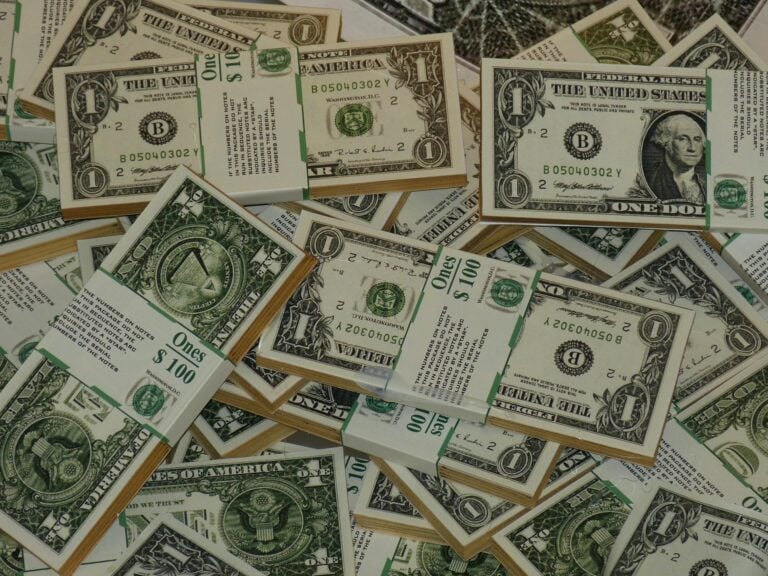 Numerous bundles of US dollar bills symbolizing wealth, finance, and savings