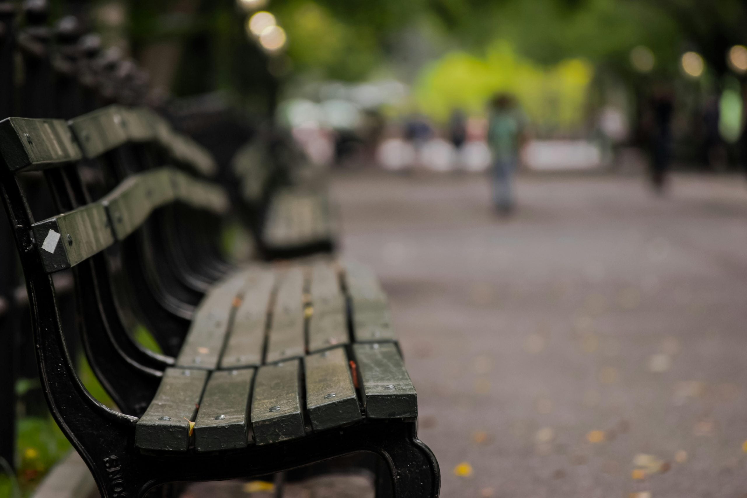 Empty park bench in focus with blurred people and green trees background