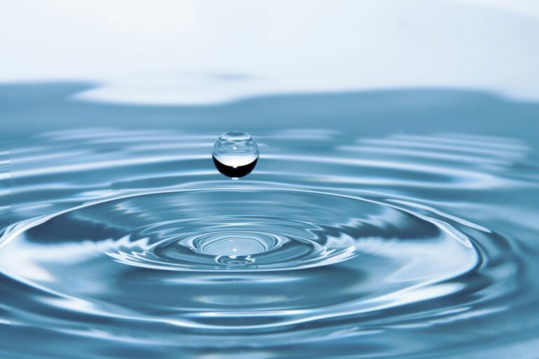 Single water droplet suspended above concentric ripples in still water