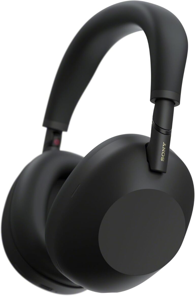 Black over-ear headphones on white background, modern minimalist design