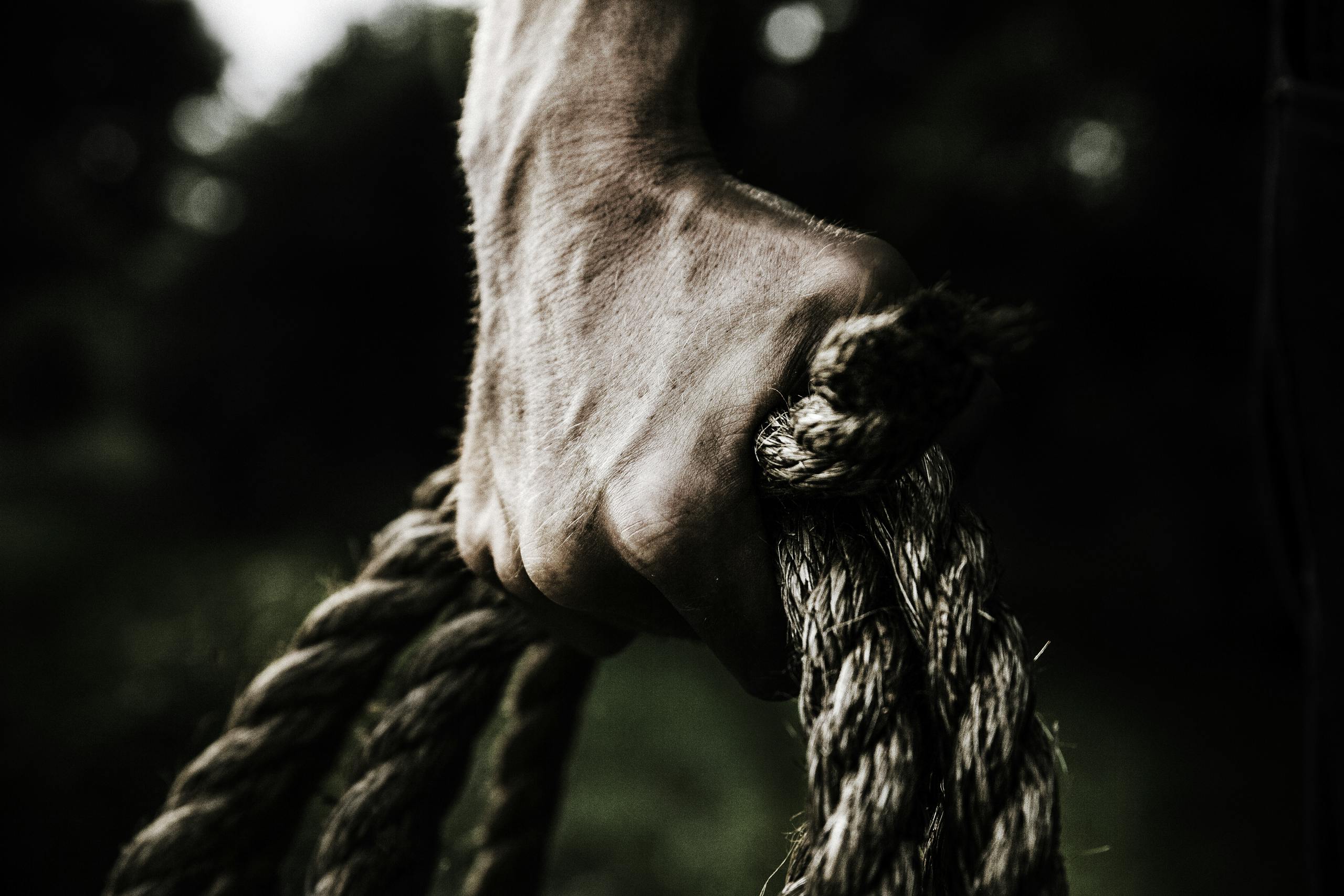 Close up of strong firm hand gripping thick rough rope showcasing strength and determination
