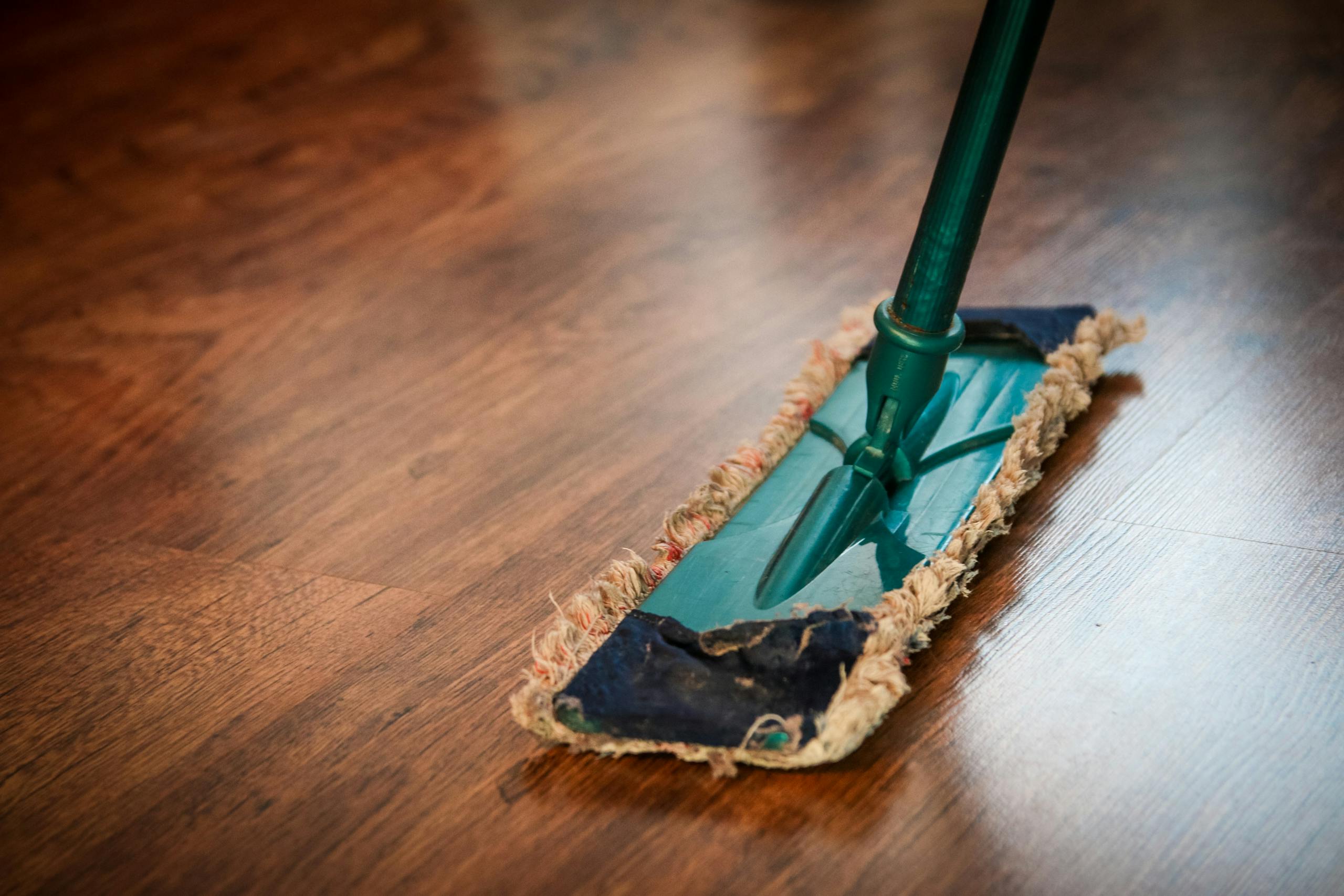 Detailed close-up of mop cleaning wooden floor showing texture patterns