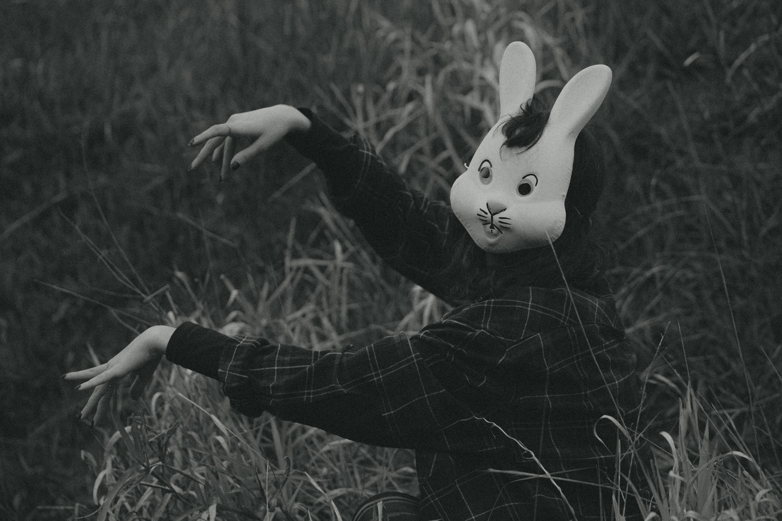 Mysterious figure in rabbit mask posing in tall grass creating eerie atmosphere.
