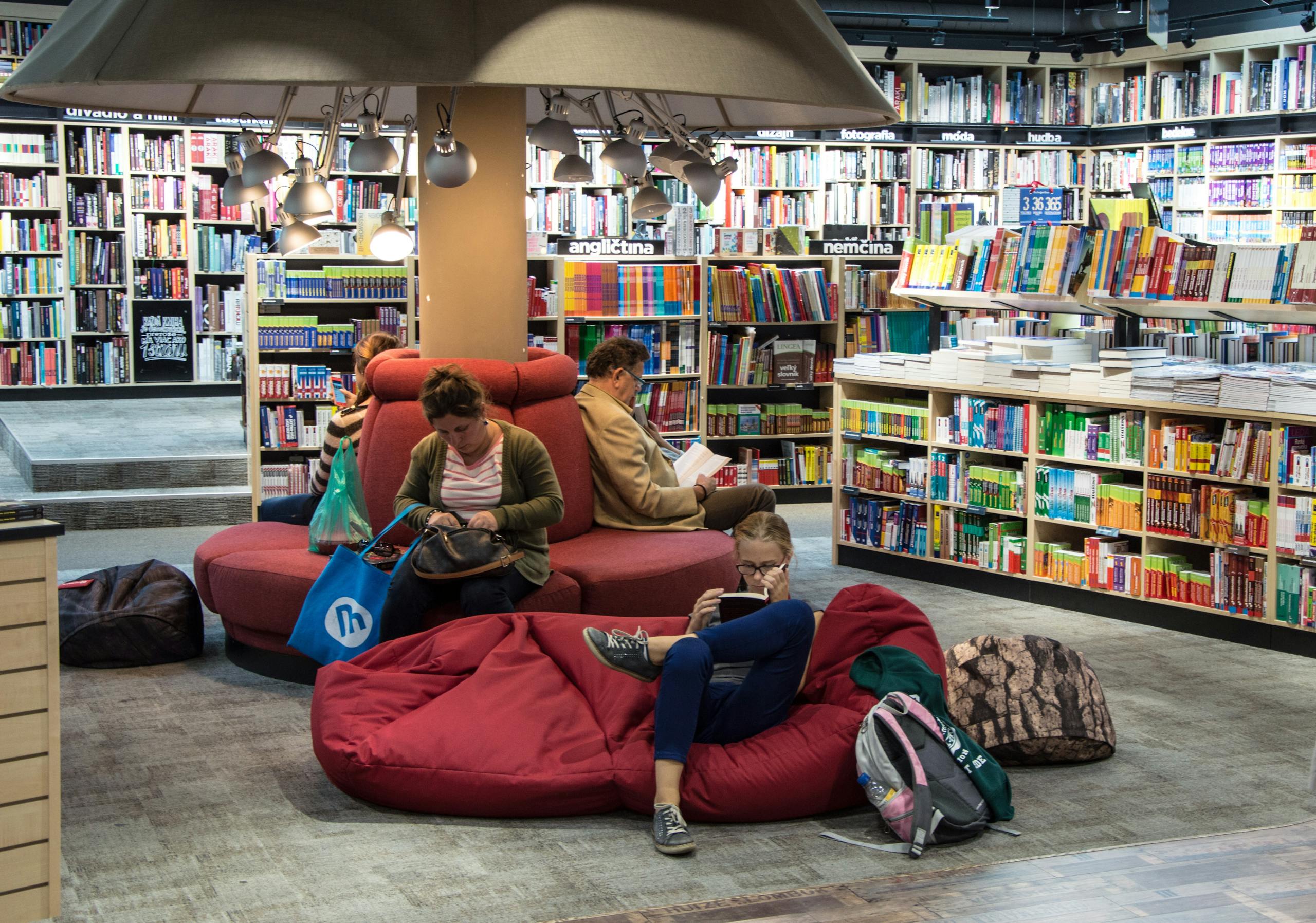 Peaceful library space with diverse people relaxing and reading together.