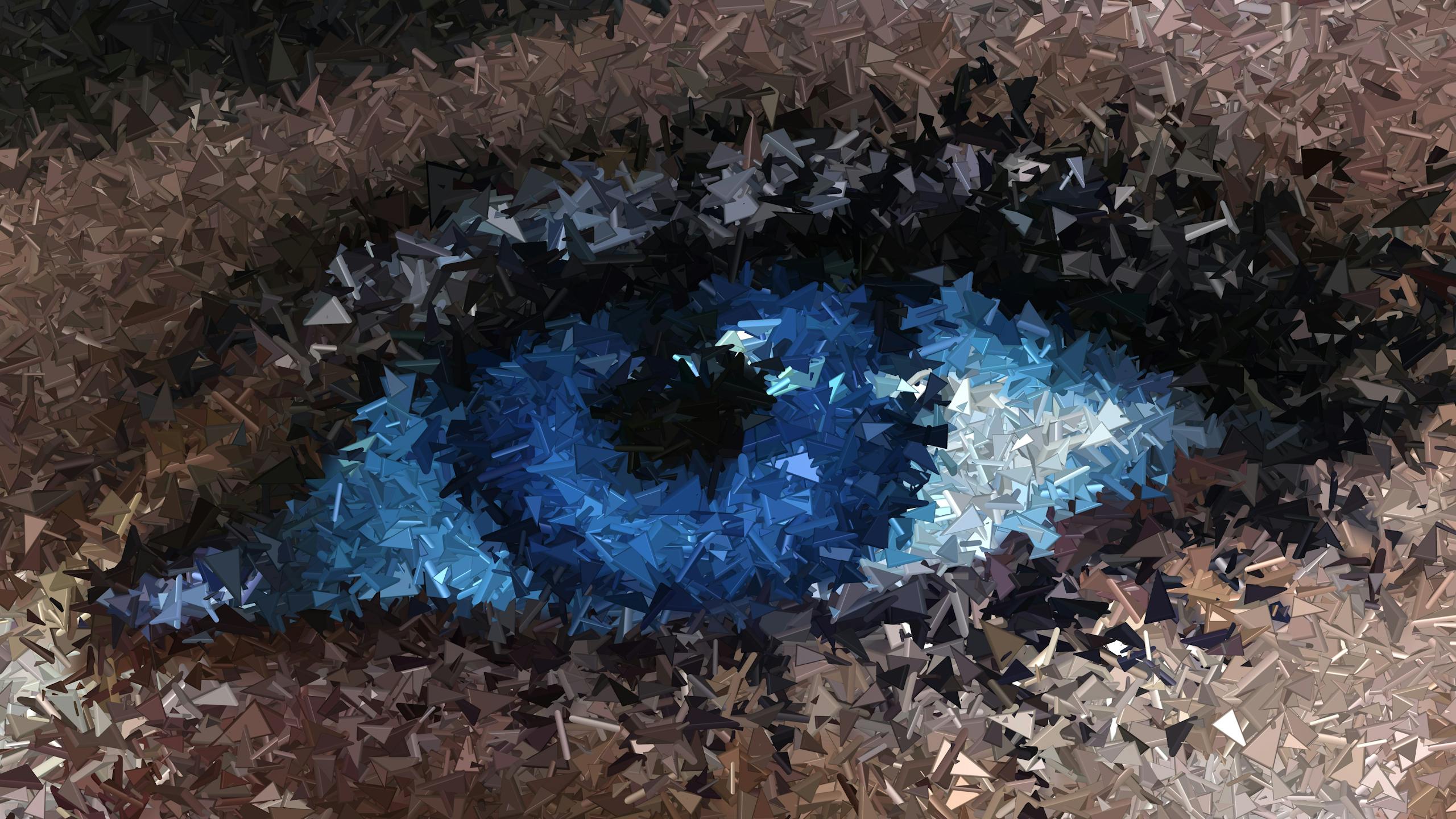 Abstract geometric mosaic design of eye with rich blue and brown tones.
