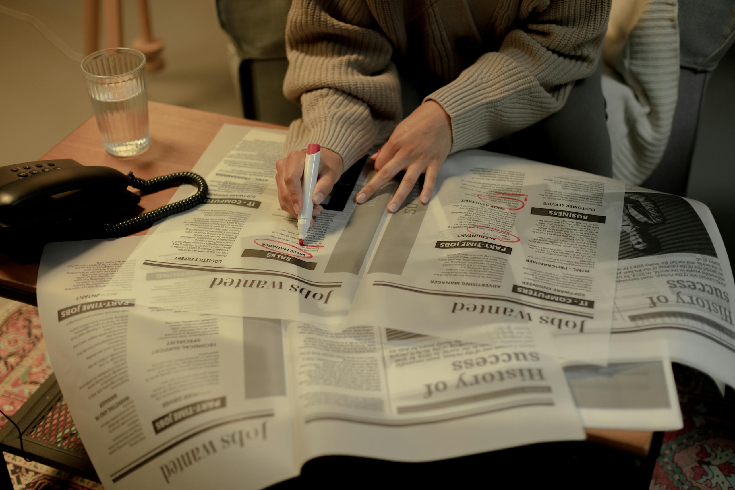 Adult woman marking job listings in newspaper while sitting indoors at job search.
