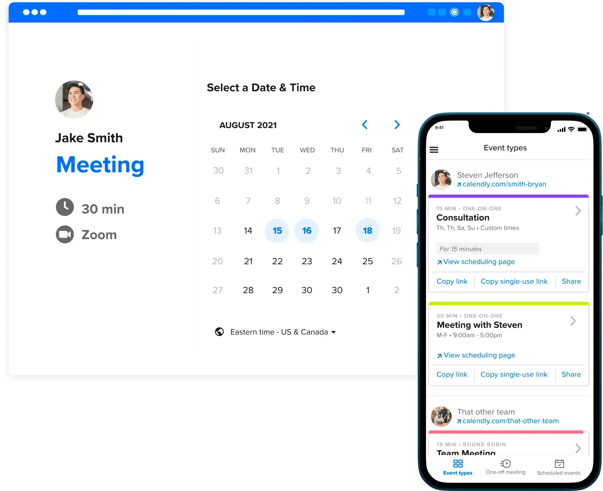 Calendar scheduling interface showing meeting selection and time management options