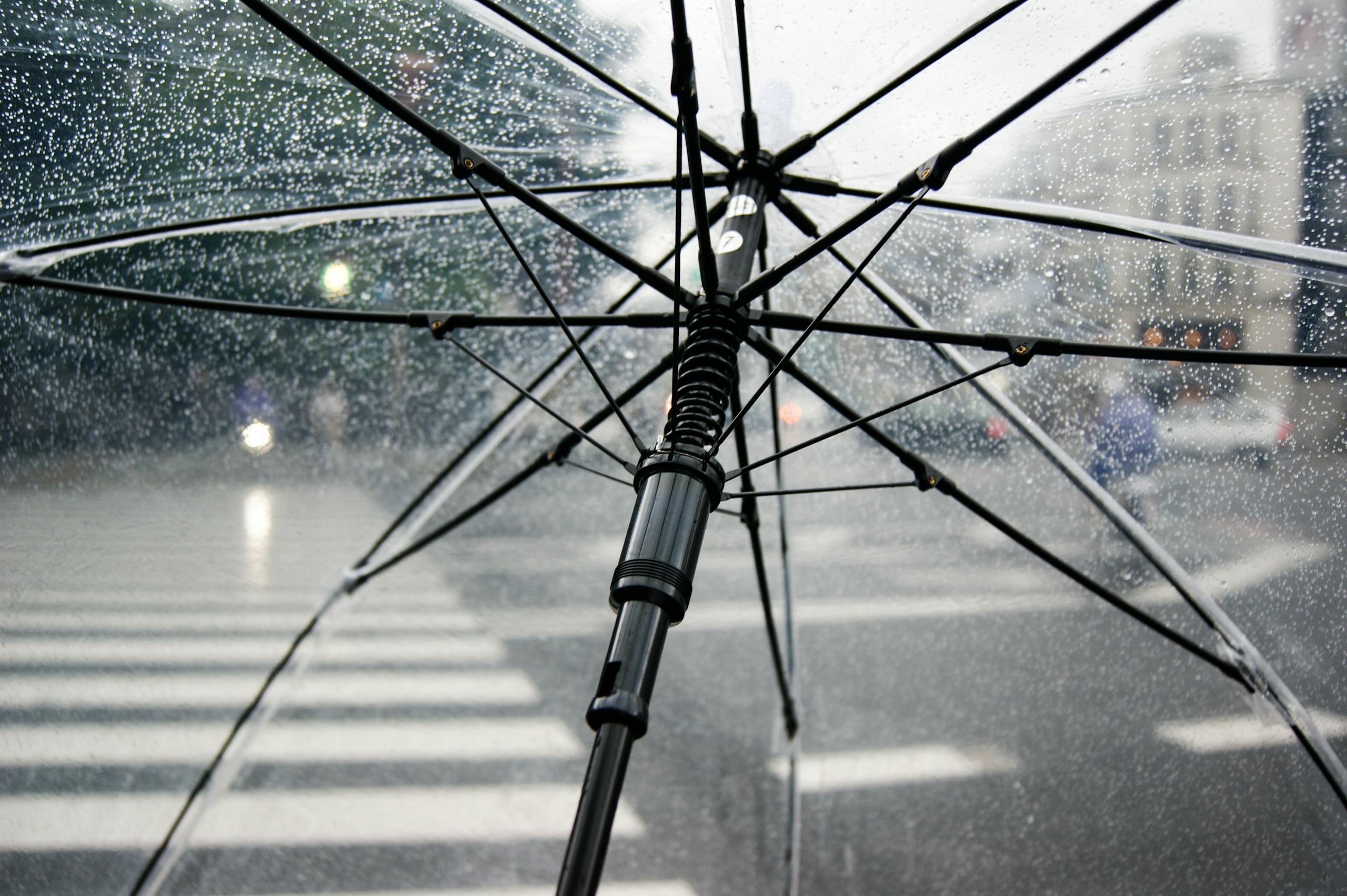 Close-up of transparent umbrella with raindrops in urban street setting.