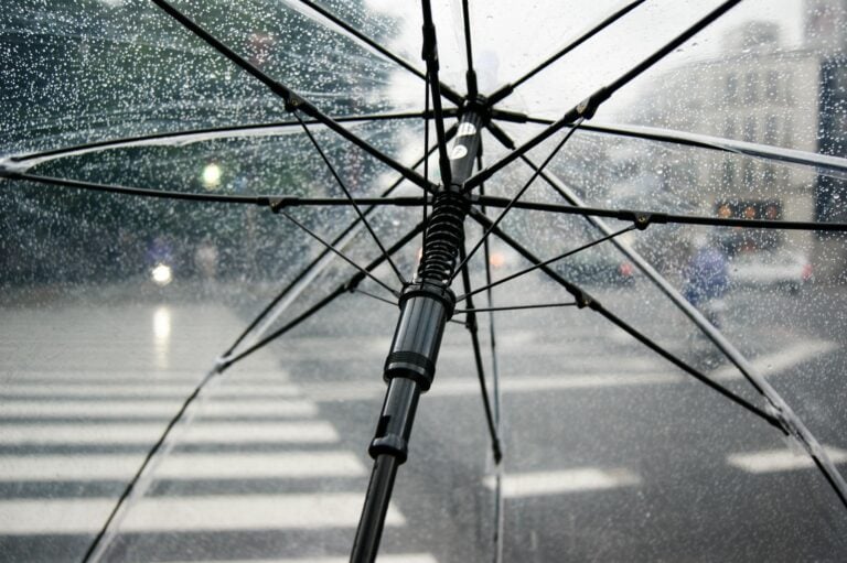 Close-up of transparent umbrella with raindrops in urban street setting.