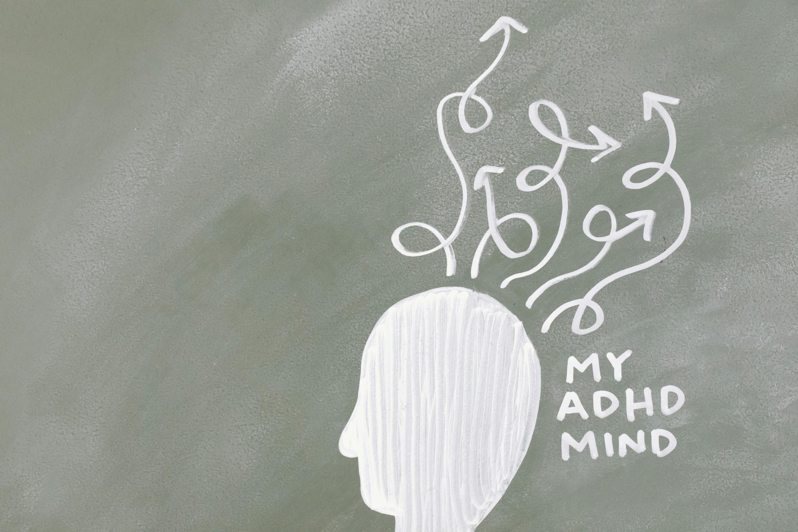 Creative chalkboard illustration of ADHD mind with scattered arrows and chaotic directions