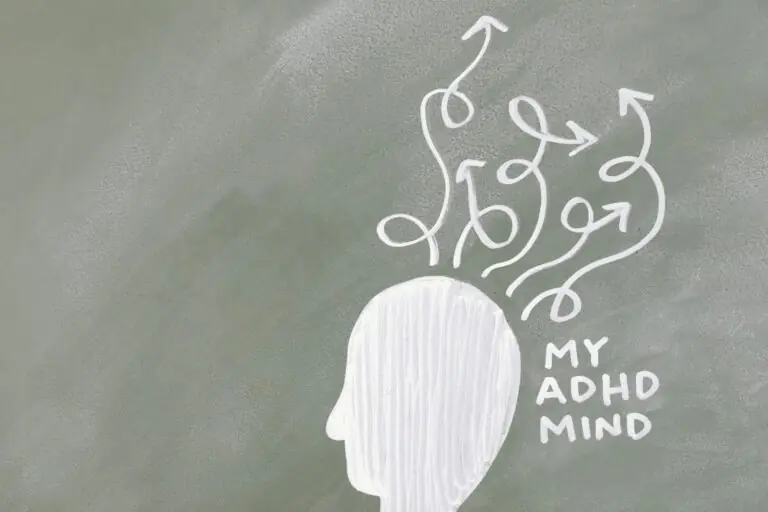 Creative chalkboard illustration of ADHD mind with scattered arrows and chaotic directions