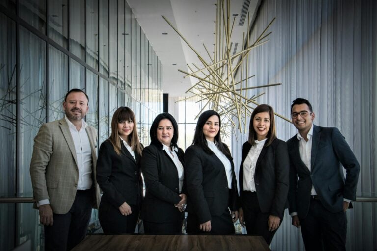 Diverse business team in formal attire posed in modern office