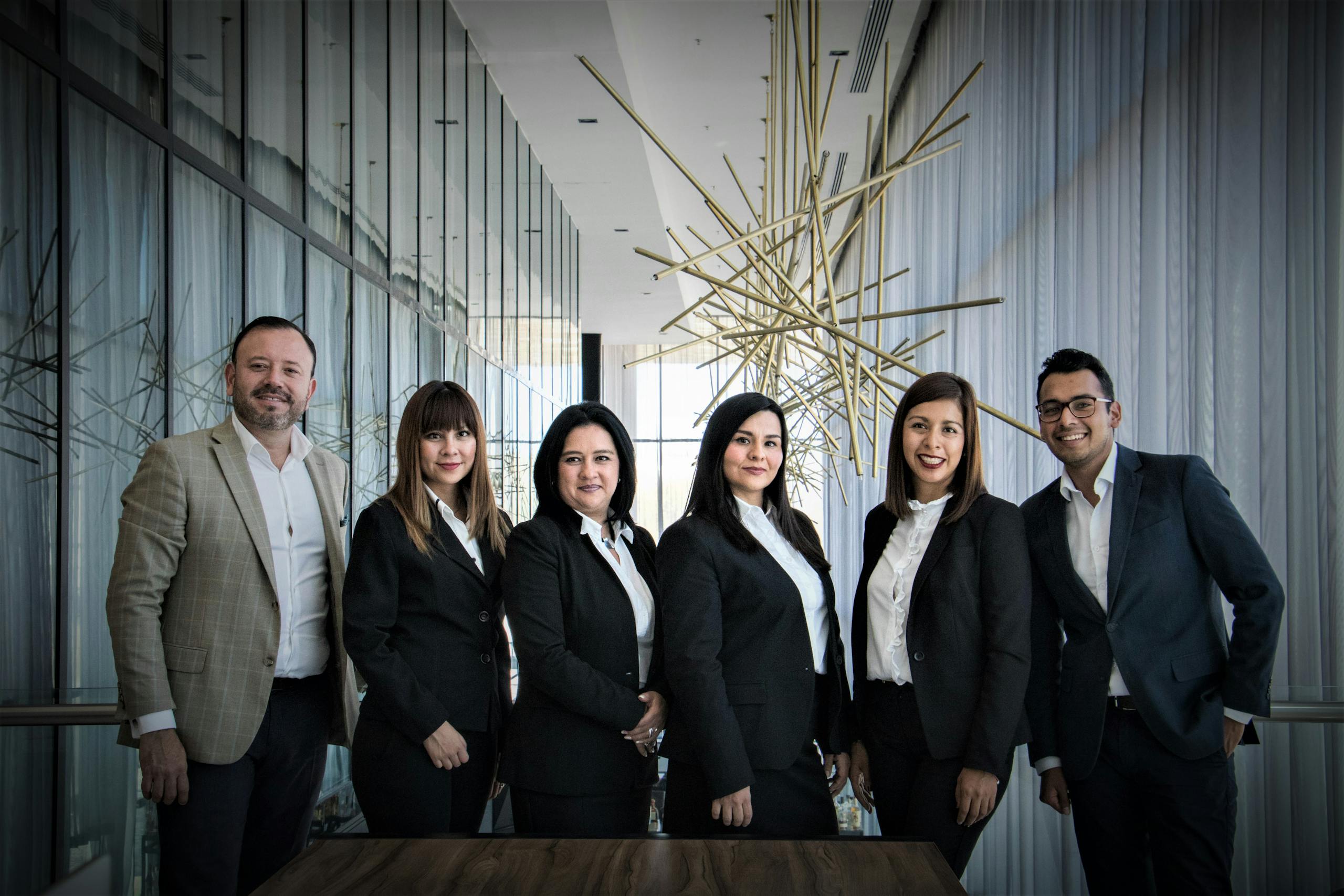 Diverse business team in formal attire posed in modern office
