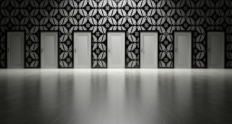 Five closed doors in black and white ornate hallway symbolizing decisions.