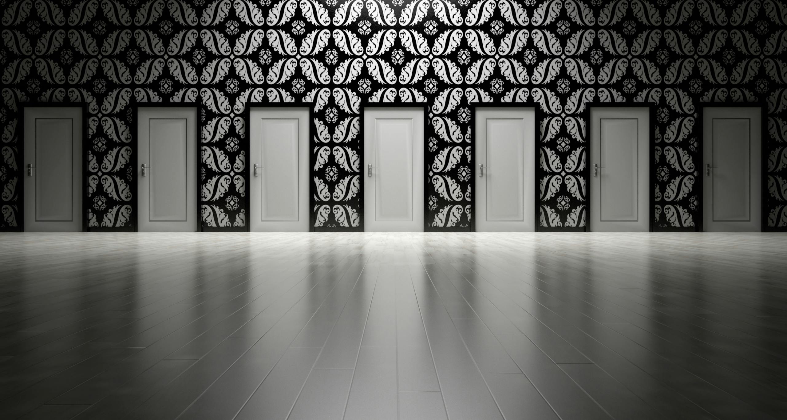 Five closed doors in black and white ornate hallway symbolizing decisions.