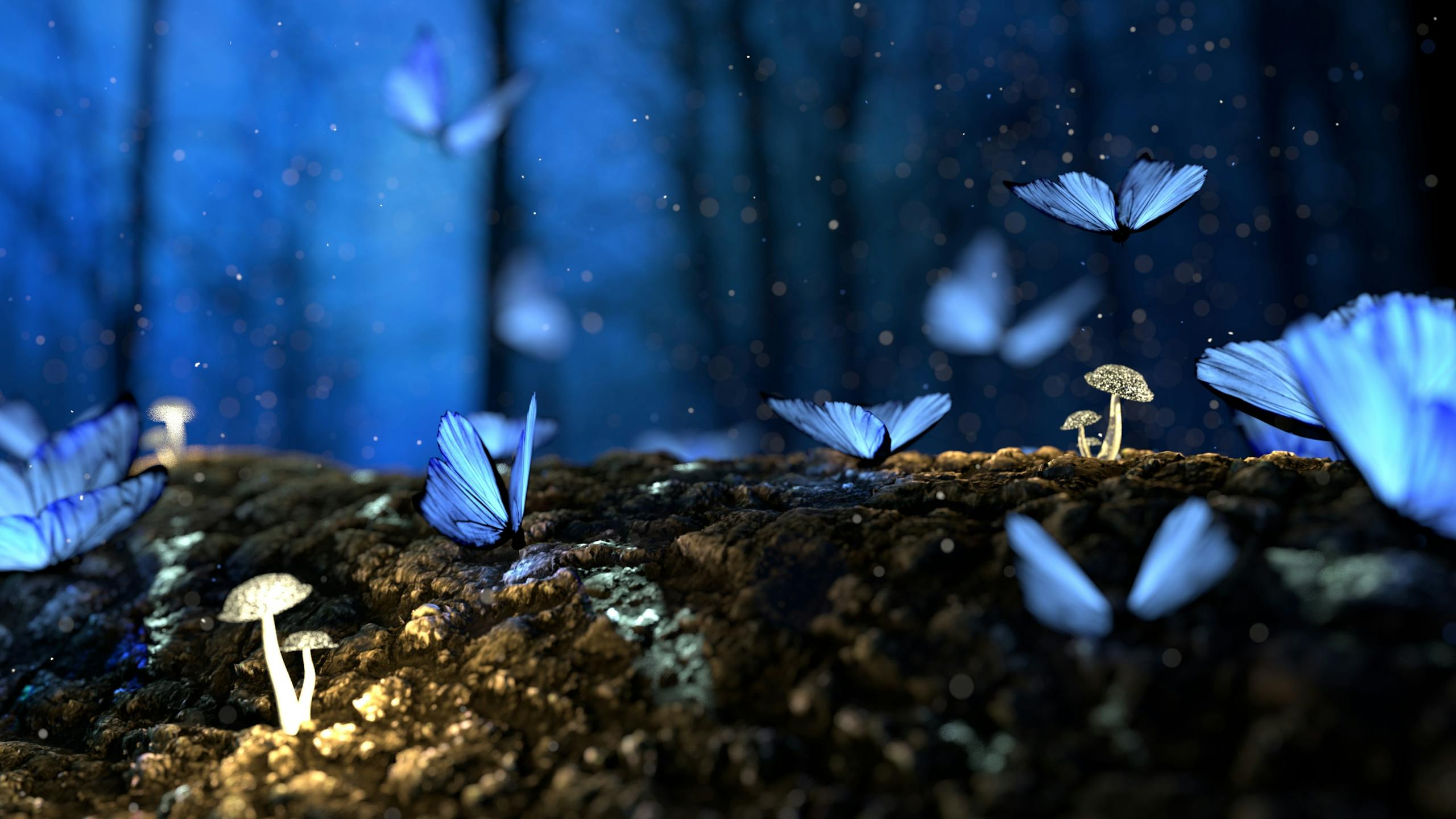 Magical scene with blue butterflies fluttering among glowing mushrooms in dark forest.