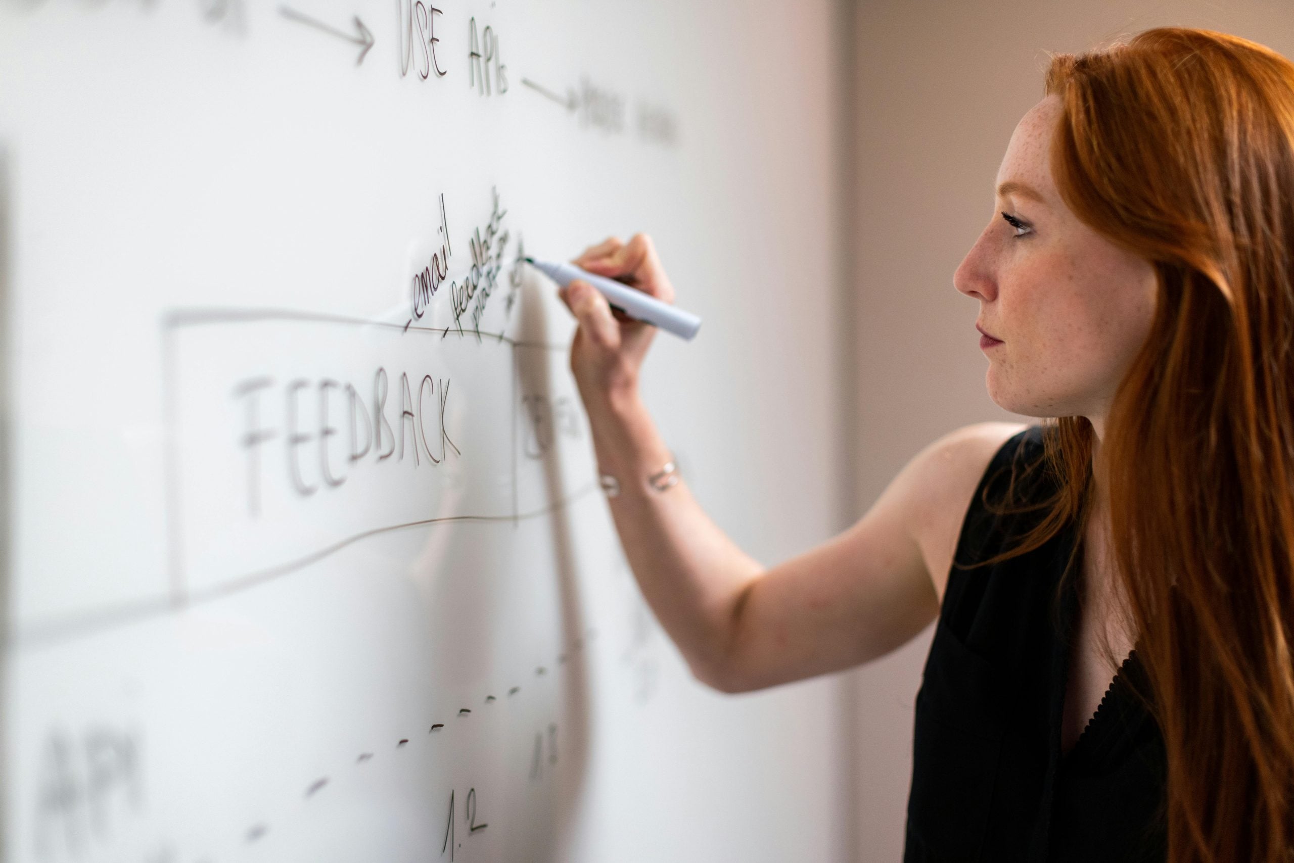 Woman writing on whiteboard, focused on analytical task and problem-solving