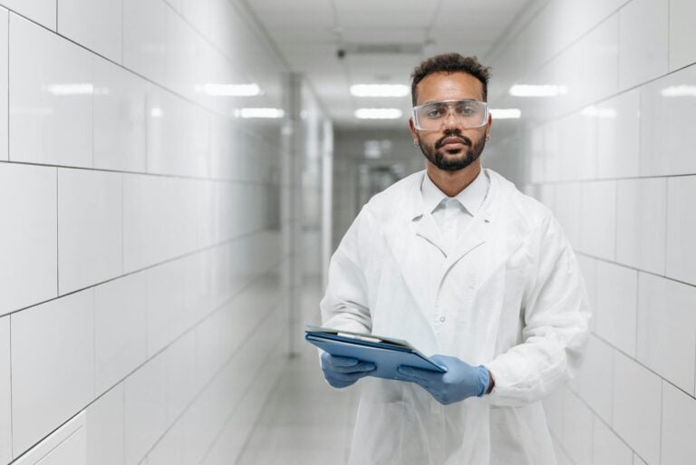 Portrait of scientist in laboratory hallway wearing protective goggles and gloves.