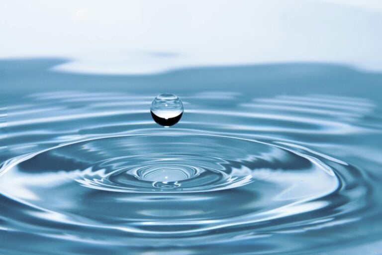 Single water droplet suspended above concentric ripples in still water