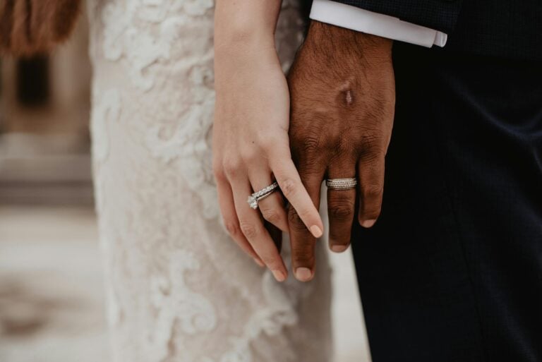 Two clasped hands showing wedding rings symbolizing unity and committed love