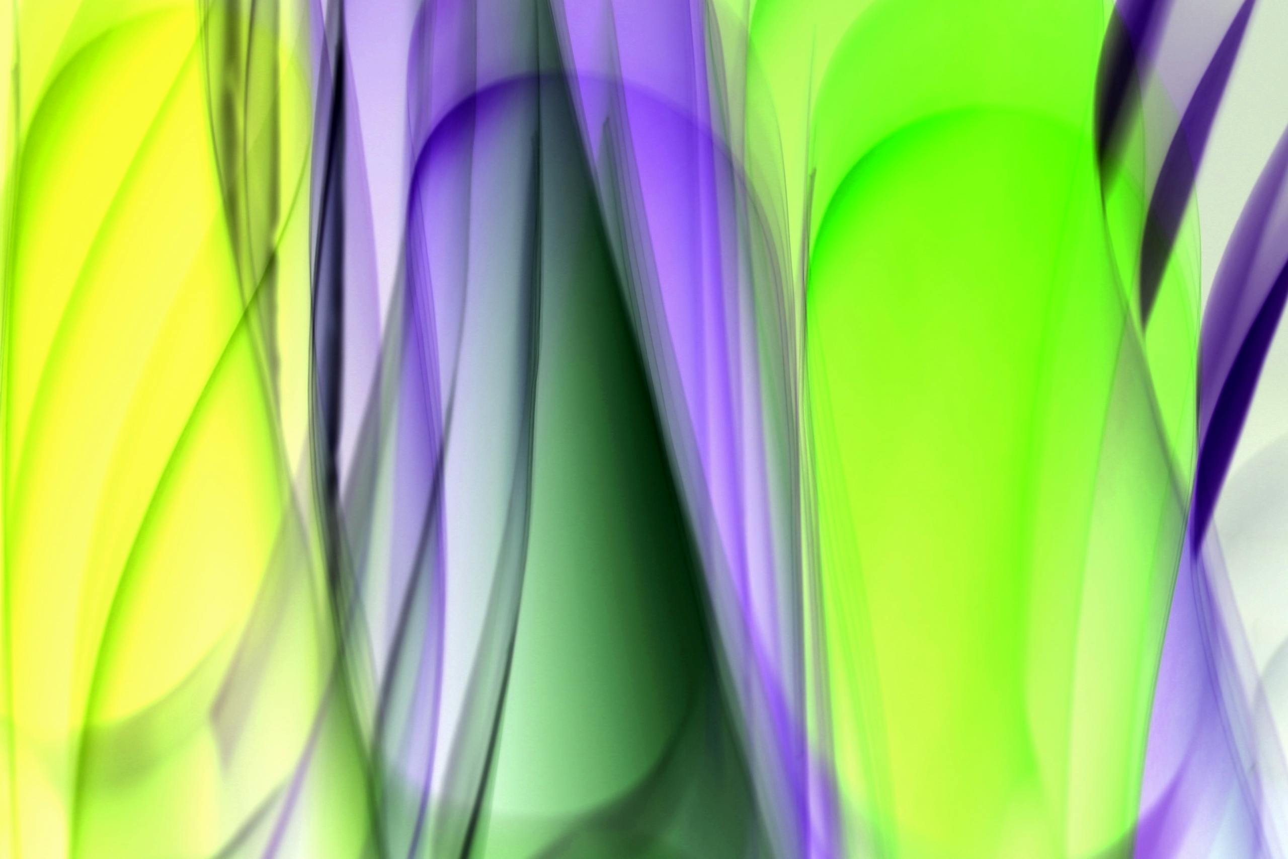 Vibrant abstract art featuring flowing purple and green light patterns.